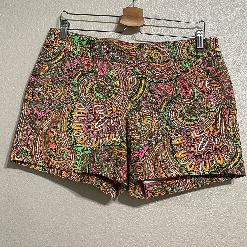 J. Crew Green and Pink Bermuda Shorts with Paisley Design
